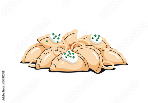 Delicious dumplings with sour cream and green onions, a classic comfort food illustration