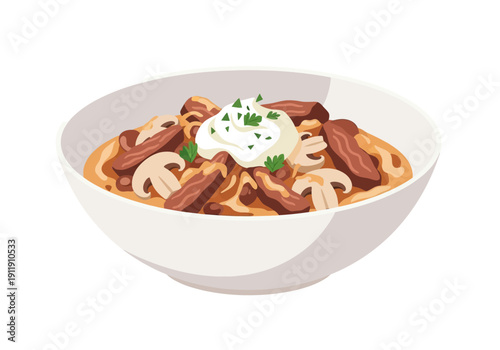 Tasty Beef Stroganoff illustration with mushrooms and sour cream in a bowl