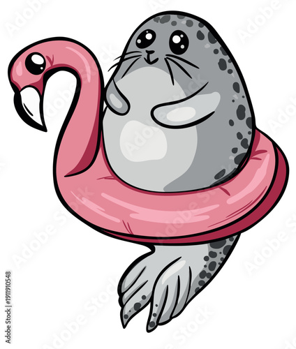 Cute Baby Seal in Pink Flamingo Swim Ring - Kawaii Marine Animal Summer Vacation Illustration