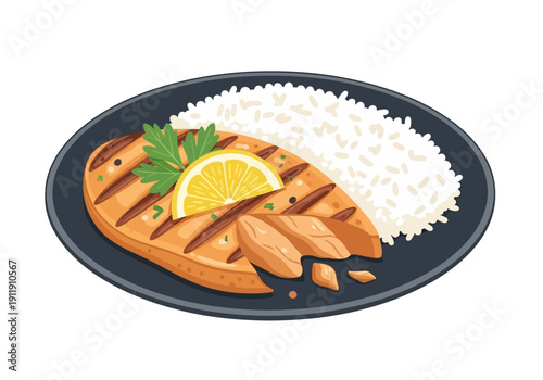 Delicious grilled chicken breast with white rice and lemon slice, a healthy and flavorful meal
