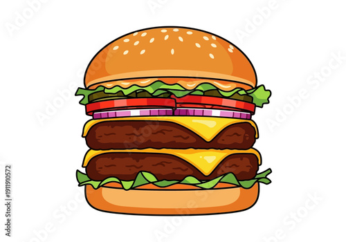 Delicious double cheeseburger with sesame seed bun, fresh lettuce, tomatoes, and onions on a white background