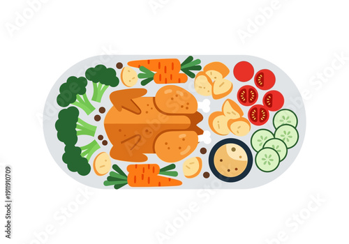 A beautifully presented roasted chicken dinner with fresh vegetables and a side of dip, perfect for a festive meal