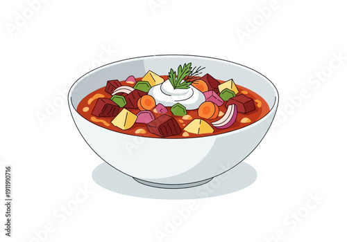 Delicious Bowl of Borscht Soup with Vegetables and Cream, a Hearty and Flavorful Eastern European Dish