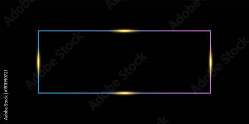 Neon rectangular frame with shining effects on dark background. Empty glowing techno backdrop. Vector illustration.