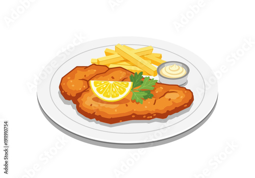 Delicious breaded chicken cutlet served with crispy golden French fries and a side of creamy mayonnaise, garnished with a fresh lemon slice and parsley sprig