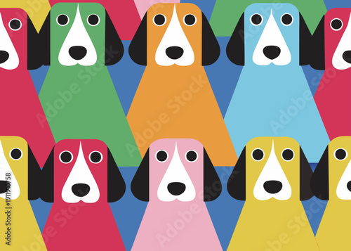Colorful seamless pattern featuring stylized beagle dog portraits in vibrant pop art colors