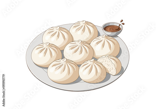 Steaming Hot Bao Buns Served on a Plate with Dipping Sauce - Delicious Asian Cuisine Illustration