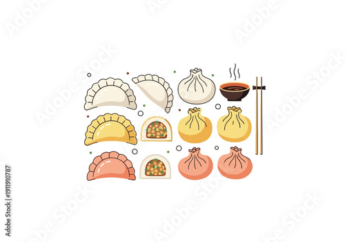 A collection of delicious dumplings and buns, featuring various shapes and fillings, served with chopsticks and a steaming bowl of soup