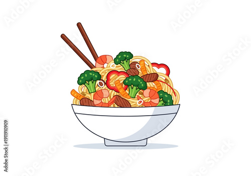 Delicious Bowl of Asian Noodles with Shrimp, Broccoli, and Sausage, Topped with Chopsticks