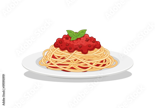 Delicious spaghetti topped with rich tomato sauce and fresh basil leaves, served on a white plate