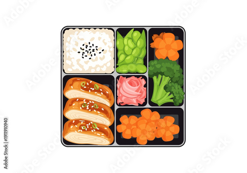 Delicious bento box meal with rice, chicken, vegetables and pickled ginger