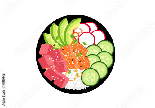 Delicious and Colorful Poke Bowl Illustration Featuring Fresh Salmon, Tuna, Avocado, Cucumber, and Radish