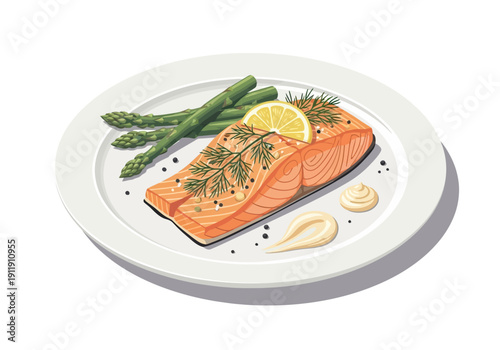 Delicious pan-seared salmon fillet with asparagus and lemon, a healthy and elegant meal