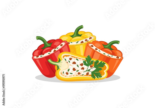 Four stuffed bell peppers, red, yellow, and orange, with white filling and green herbs