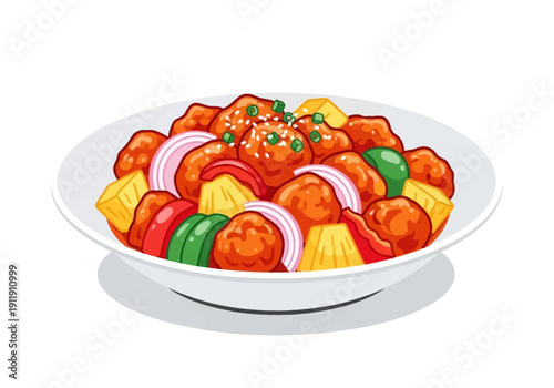 Colorful Sweet and Sour Chicken with Pineapple and Vegetables in a White Bowl