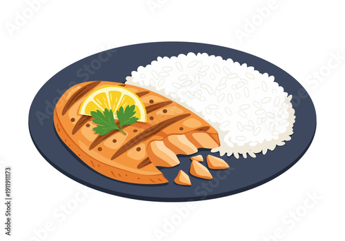 Salmon fillet with lemon slice and parsley served with white rice on a dark blue plate - illustration