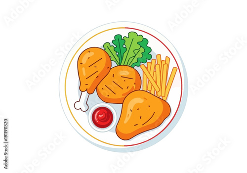 Delicious fried chicken meal with ketchup and french fries on a white plate, high-quality illustration