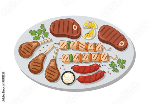 Delicious Barbecue Platter with Grilled Meats, Sausages, and Lemon Slices