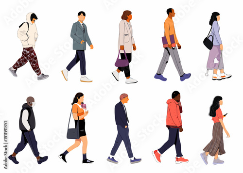 Diverse group of people walking in a flat minimalist illustration style