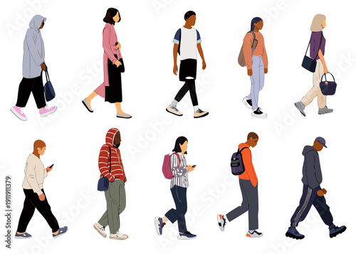 Diverse group of people walking illustrated in a minimalist flat style