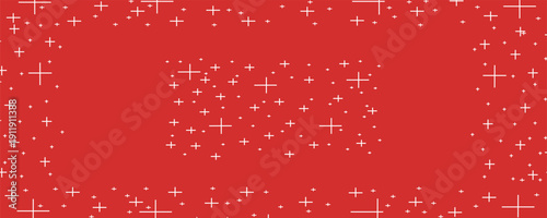 Seamless background pattern of evenly spaced white snowflakes of different sizes and opacity.  illustration on red background with stars
