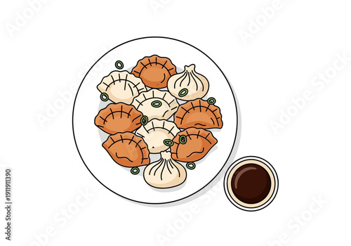 A delightful plate of assorted dumplings with a side of dipping sauce, perfect for any meal