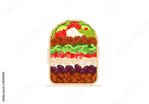 Fresh ingredients layered in a delicious and healthy taco illustration on a white background