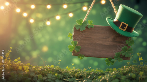 St patrick s day themed blank wooden sign with a green hat and clovers