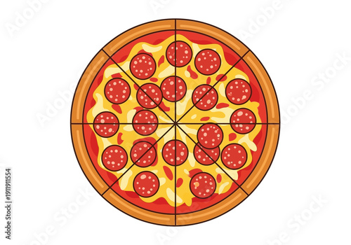 Whole pepperoni pizza sliced into eight equal portions, presented from a top-down perspective
