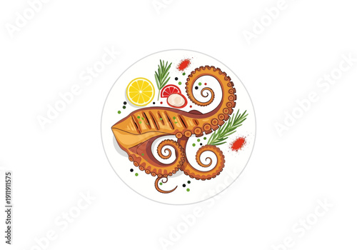 Deliciously grilled octopus tentacle with lemon and herbs on a white plate