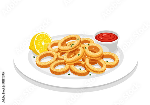 Delicious golden fried calamari rings served on a white plate with a lemon wedge and dipping sauce