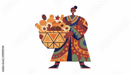 Global Bounty: Diverse Woman Presenting a Harvest Basket of Traditional Treats for Inclusive Corporate Initiatives