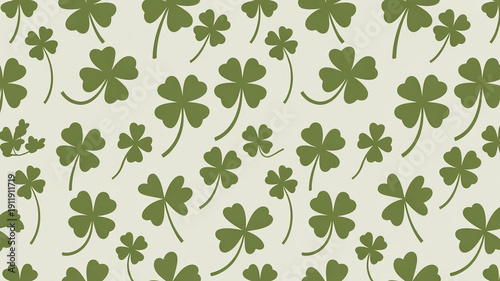 Seamless pattern of green four leaf clovers on a pale background