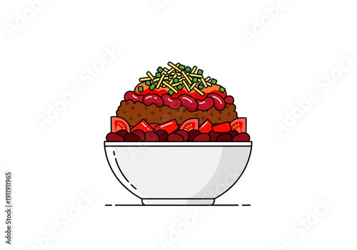 A delicious bowl of chili with beans, diced tomatoes, and a sprinkle of green onions and corn