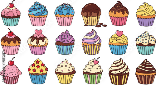 Colorful cupcake collection set. Variety of cream frosting muffins with sprinkles, cherries and chocolate. Cute bakery dessert illustrations isolated for birthday and party design.