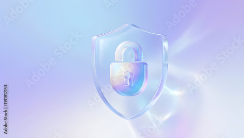 Aesthetic 3D frosted glass shield with glowing padlock representing transparent cyber security.