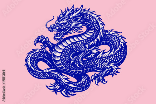 Traditional Chinese Dragon Vector Illustration. Powerful Asian Mythology Symbol in Detailed Woodcut Style, Deep Blue on Pink Background.