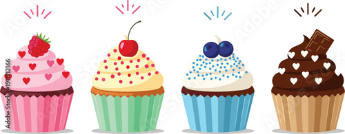 cupcake illustration set. Strawberry, cherry, blueberry and chocolate frosting muffins. Sweet bakery desserts isolated for birthday party and celebration design.