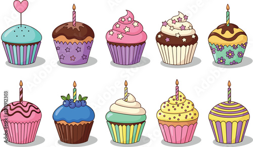 Cute cupcake collection with candles. Colorful birthday muffins with frosting and sprinkles. Sweet bakery illustrations isolated for party invitation and celebration design.