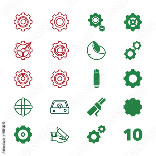 Twenty green and red gear with various on white background