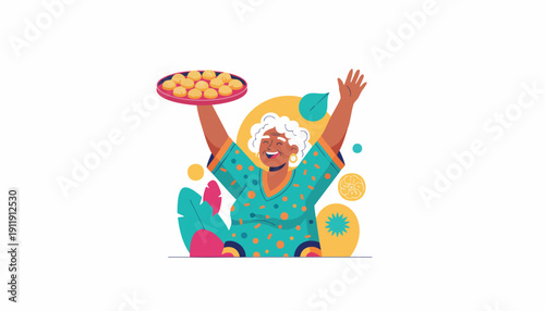 Joyful Intergenerational Marketing: Senior woman celebrating cultural heritage and sharing homemade festive treats illustration.