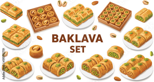 Baklava dessert collection set. Traditional Turkish sweet pastry with pistachio and nuts. Assorted oriental bakery illustrations isolated for cafe menu and packaging design.