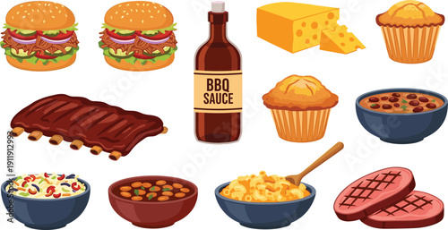 Barbecue food and sides collection. Burgers, ribs, BBQ sauce, cheese, muffins and salads. Tasty grill meal illustrations isolated for restaurant menu and picnic design.
