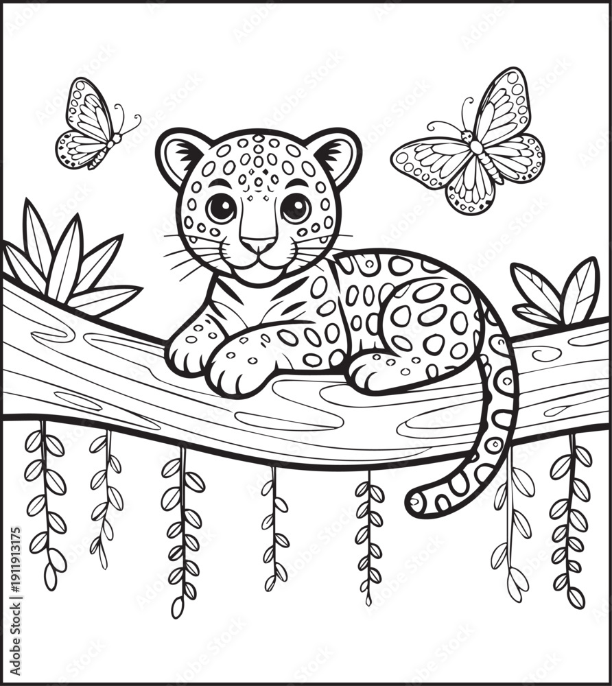 Obraz premium Jungle animal in natural scene coloring page for kids, black line art vector illustration for children's activity book design