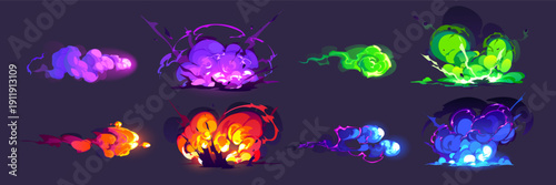 Explosion and Smoke Effect Overlay Collection with 8 Stylized Colorful Bursts in Purple, Green, Orange-Red, Blue, and Violet-Blue for Fantasy and Sci-Fi Visuals