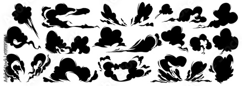 Explosion Smoke Overlay Collection with Stylized Black Silhouette Blast Clouds and Dynamic Action Effects for Comics and Animation