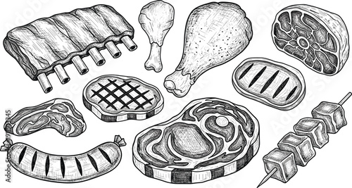Vintage engraved barbecue meat set. Hand drawn ribs, steak, sausage and chicken drumstick. Retro black and white grill food illustration isolated for butcher and restaurant design.