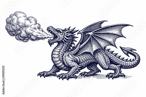 Engraved Roaring Dragon Breathing Smoke or Fire, Vintage Style Heraldic Fantasy Creature, Detailed Mythology Illustration, Isolated Vector Element