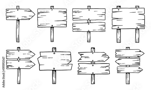 Cartoon Wooden Signboard Overlay Collection with 8 Hand-Drawn Designs Featuring Rectangular, Arrow, and Multi-Plank Styles for Rustic Maps, Games, and Decorative Graphics
