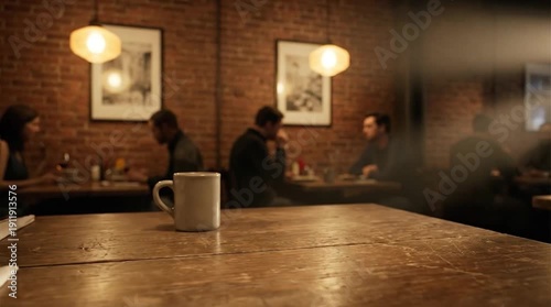 White Coffee Mug on Rustic Wooden Table in Cozy Evening Cafe with Blurred Background Diners and Warm Lighting